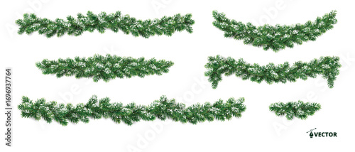 Horizontal Christmas garlands. Snowy fir branches. Frosty festive design for winter celebration banners, greeting cards, invitations, and seasonal posters. Transparent background in vector file.