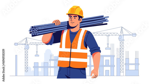 Construction worker carrying Steel bars: A diligent construction worker confidently carries a bundle of steel bars, set against the backdrop of an active construction site.