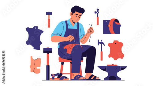 Artisan at Work: A skilled craftsman meticulously works on leather, surrounded by tools and materials, embodying expertise and dedication in a vibrant illustration.