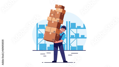 Warehouse Worker and Overload: A determined worker struggles with a heavy stack of boxes in a bustling warehouse environment, conveying the challenges of logistics and the demands of physical labor.