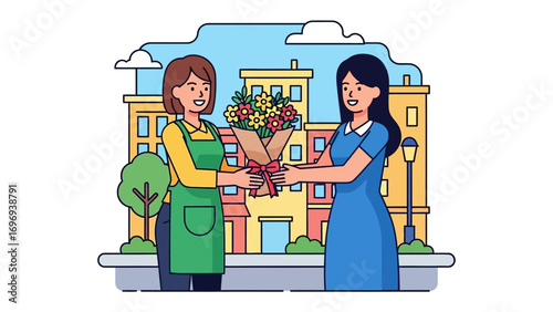 Bouquet exchange: A charming vector illustration depicts a florist presenting a vibrant bouquet to a delighted customer, symbolizing the joy of gifting and the beauty of fresh blooms.