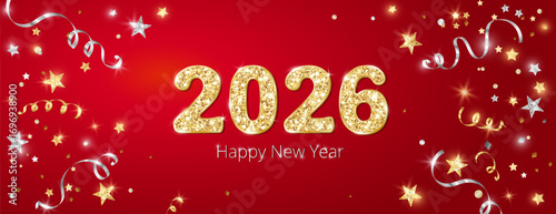 Happy new year banner. 2026 golden glitter numbers. Red background with golden and silver confetti. Flying ribbons and stars. Vector decoration. For Christmas and holiday headers, party flyers.