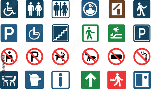 Collection of public place icons and symbols for navigation and information