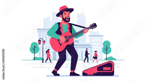 Melody of the Street: A talented street musician captivates passersby with a soulful tune, playing his guitar in a vibrant urban setting.