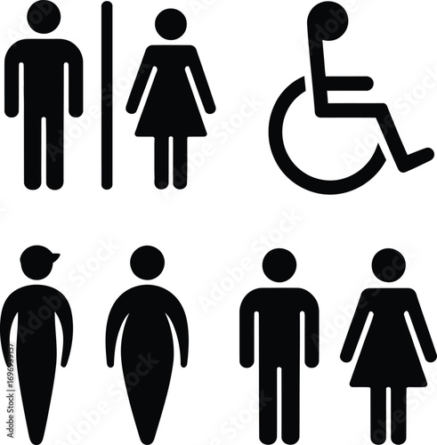 Universal restroom signs including accessible wheelchair man woman and various body types