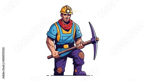The Courageous Miner: A muscular miner with a headlamp atop his helmet stands tall and proud. He exudes strength and resilience in this stylized digital image. 