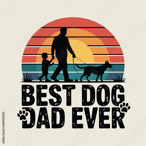 Father child dog walk sunset walking leash
