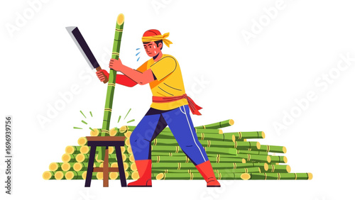 Harvesting Sugarcane: A vibrant illustration portrays a worker meticulously chopping sugarcane, capturing the essence of labor and the harvest.