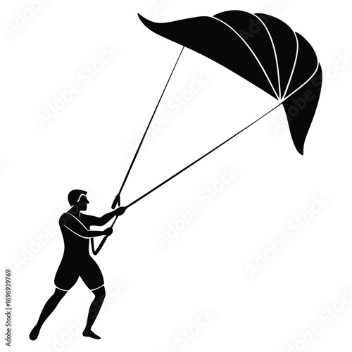 Kitesurfer pulling kite rope with strength on white background