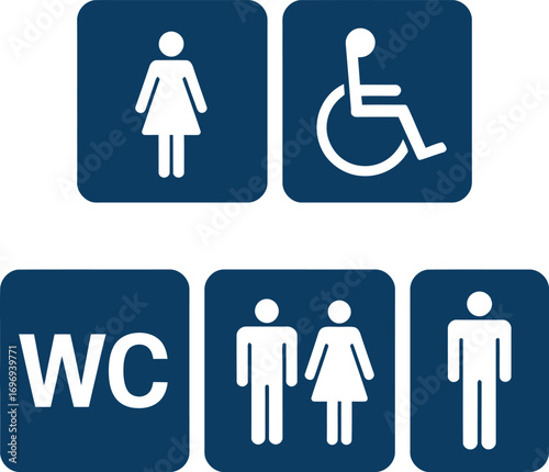 Clean accessible restroom signs including male female wheelchair wc symbols