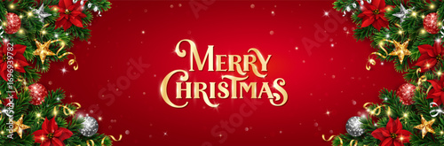 Christmas background with red glow, golden Merry Christmas lettering, and festive corner garlands of poinsettias, pine branches, ornaments, and stars. Perfect for cards and banners.