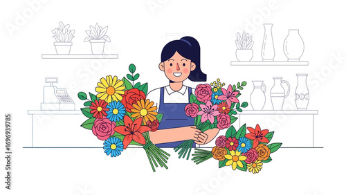 Blooms in Bloom: A cheerful florist, surrounded by vibrant bouquets, radiates joy in a blooming floral shop. 