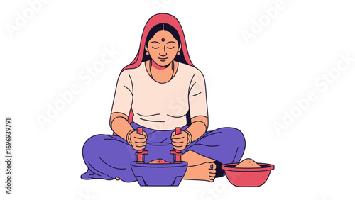 Traditional Craft: A woman engrossed in her craft, deftly pounding ingredients. This graphic illustration, reminiscent of folk art, exudes serenity.