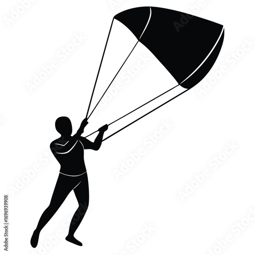 Kitesurfer holding kite handle in action on white background