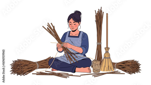 Artisan Crafting a Broom: A dedicated artisan, absorbed in their craft, skillfully weaves a broom with precision and care.