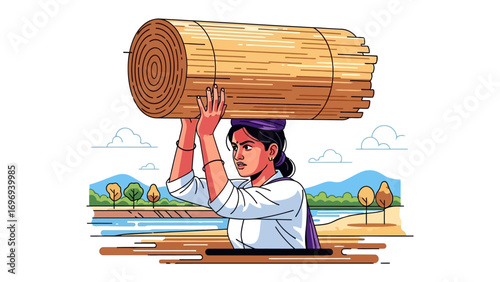 Resilience and Labor: A determined figure carries a heavy bundle, embodying strength and perseverance. With a picturesque backdrop, the artwork captures both physical labor and dedication.