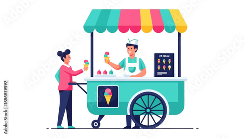 Ice Cream Cart Delight: A vibrant illustration showcases a cheerful vendor serving an ice cream cone to a customer, perfectly capturing the essence of a sweet treat on a sunny day.