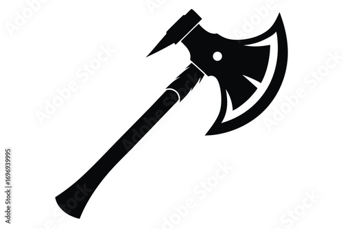 Black and White Image of Fantasy Axe With Intricate Blade Design and Spiked Head