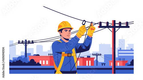 Skyline Technician: A skilled technician, securely harnessed, works diligently on power lines against a cityscape, exemplifying the critical work.