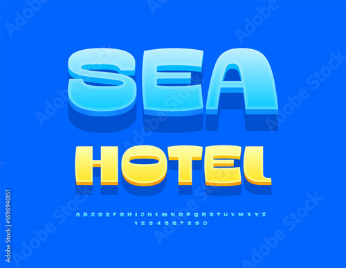 Vector Advertising emblem Sea Hotel. Fashion Blue Font. Exclusive 3D Alphabet Letters and Numbers set.