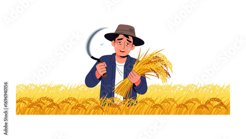Harvest Time: A farmer, hat in place, cradles golden wheat, a scythe resting in his grip, standing amidst a golden field under the gentle sun.
