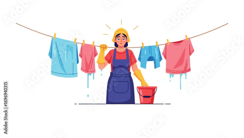 Laundry Day Serenity: A woman diligently tends to her drying laundry under the sun, demonstrating a seamless blend of everyday chore with vibrant lifestyle.