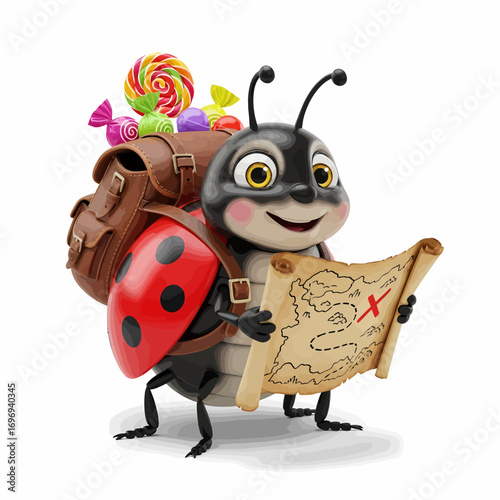 Excited ladybug adventurer with treasure map and candy backpack embarks on a sweet journey