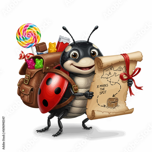 Joyful ladybug adventurer with treasure map and candy backpack embarks on exciting quest