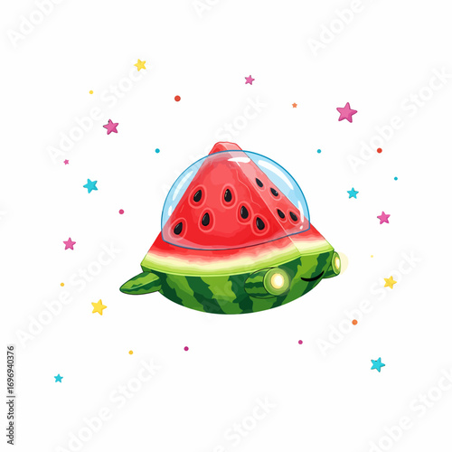 Whimsical watermelon spaceship turtle explores starry cosmos with playful charm