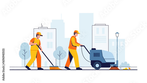 Clean City Workers: Two dedicated sanitation workers maintaining the streets, exemplifying community care, with clean and modern illustration.