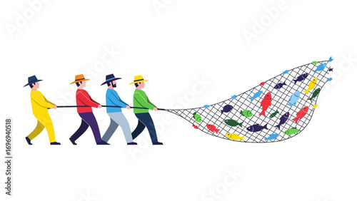 Fishermen's Harvest: A graphic illustration captures a collaborative effort as a team of fishermen haul in a filled fishing net, depicting a bountiful catch and the spirit of unity.