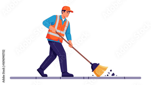 Street Cleaner in Action: An illustration captures a dedicated street cleaner efficiently sweeping away debris on a sidewalk, epitomizing diligence and civic responsibility.