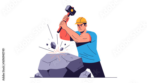 Breaking Ground: A determined individual, clad in work attire, fearlessly uses a sledgehammer to crack a massive boulder, symbolizing perseverance and the power of determination.