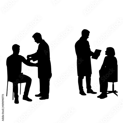Doctor administering a vaccine to a patient and another doctor consulting with a patient in a clinic setting depicted in silhouette style