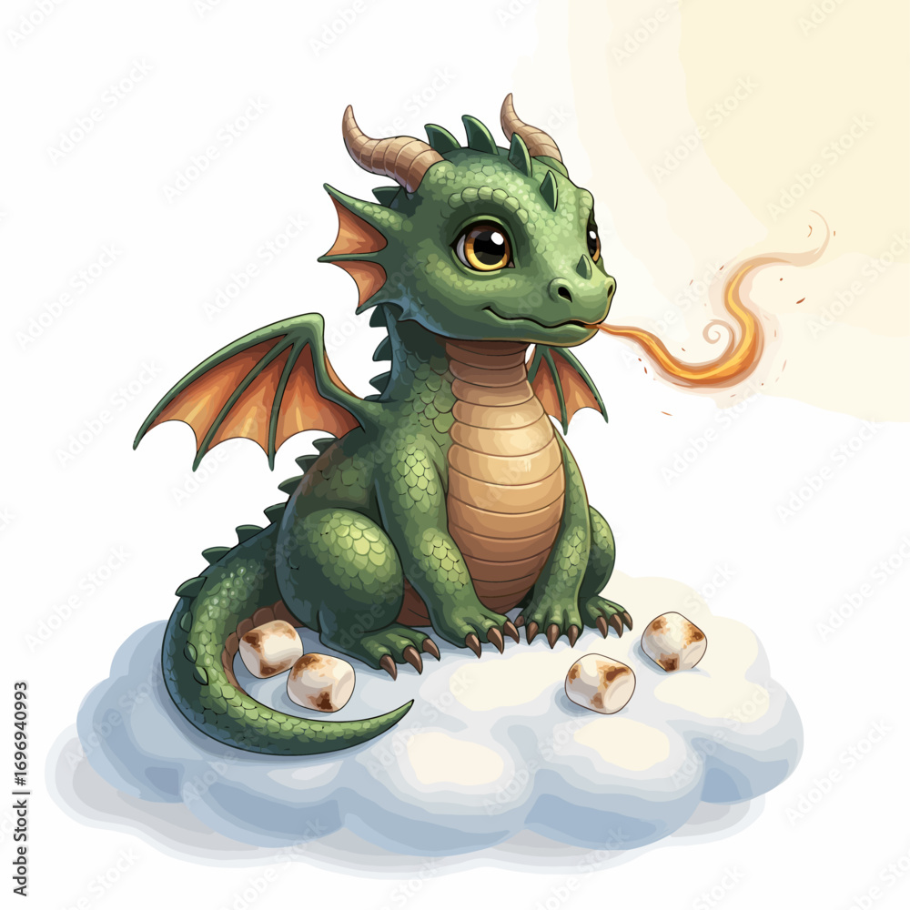 Fototapeta premium Adorable baby dragon breathes fire gently onto marshmallows sitting on a fluffy cloud