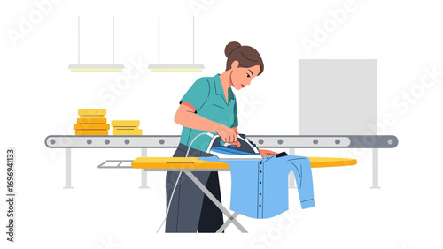 Ironing Clothes: A focused individual diligently irons a blue shirt, maintaining its crisp appearance and preparing it for everyday wear.