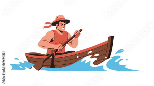 Man Rowing Boat on Water: Capturing a determined rower navigating a wooden boat, propelling through the waters with skillful strokes. An illustration of strength and focus.