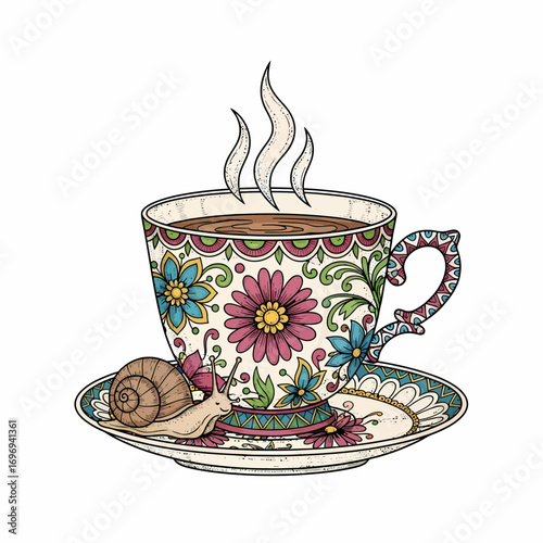 Whimsical floral teacup steaming with coffee, a charming snail on the saucer, perfect for cozy moments