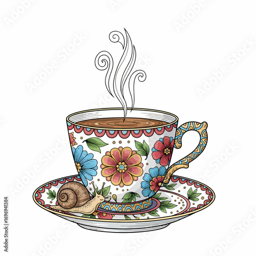 Charming floral teacup with steaming coffee and a snail on the saucer, perfect for cozy moments
