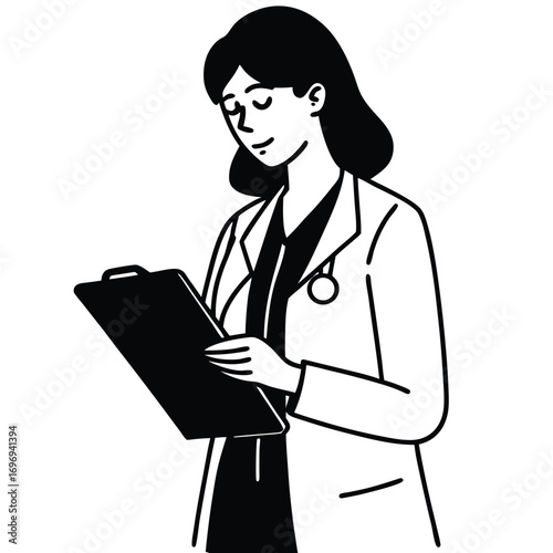 Female doctor writing notes on clipboard on white background