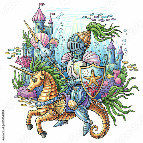 Brave knight on seahorse with unicorn lance defends underwater kingdom castle