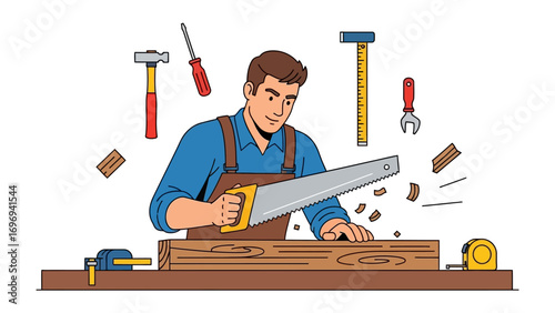 Crafting with precision: A skilled carpenter, meticulously focused, cuts a piece of wood with a saw, surrounded by essential tools, embodying the art of woodworking and craftsmanship.