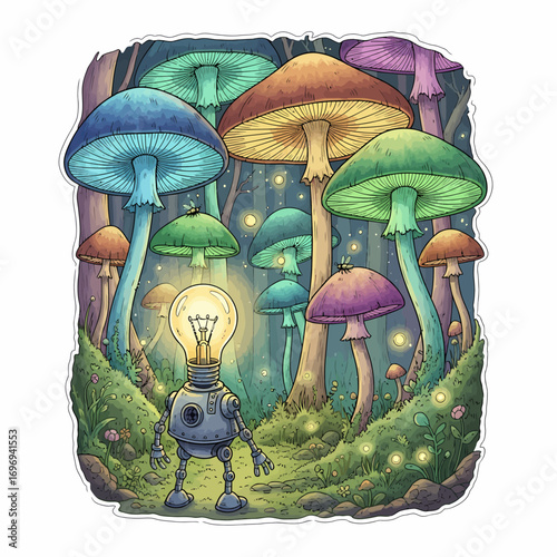 Whimsical robot with glowing lightbulb head explores a magical forest filled with colorful, giant mushrooms and fireflies.