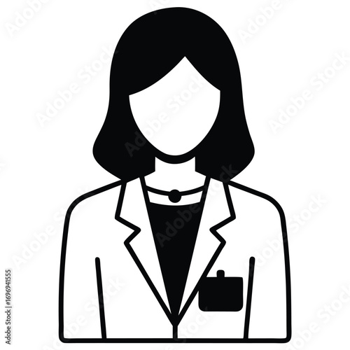 Female doctor wearing lab coat and id badge on white background
