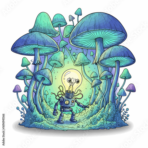 Whimsical robot with glowing lightbulb head explores a magical glowing mushroom forest