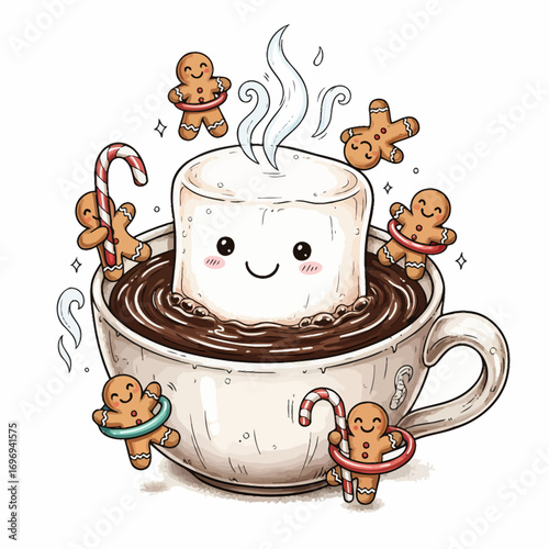 Adorable marshmallow character floats in hot chocolate with playful gingerbread friends and candy canes