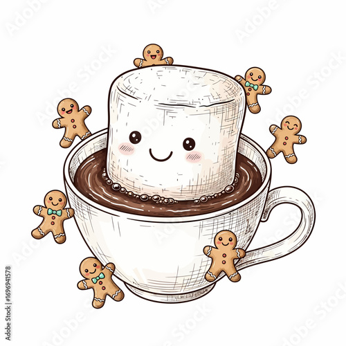 Whimsical marshmallow and gingerbread friends enjoy cozy hot chocolate during winter holidays