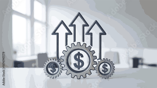 Metallic gears with dollar signs and upward arrows business finance