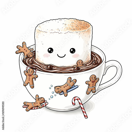 Adorable kawaii marshmallow and gingerbread friends enjoy cozy hot chocolate winter holidays