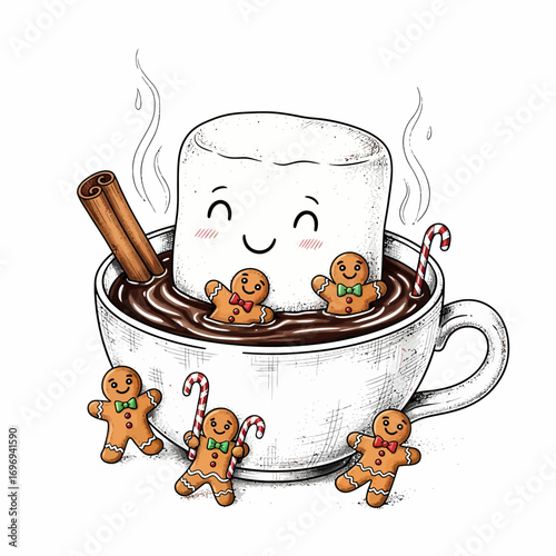 Adorable smiling marshmallow floats in hot chocolate with gingerbread friends, candy canes, and cinnamon